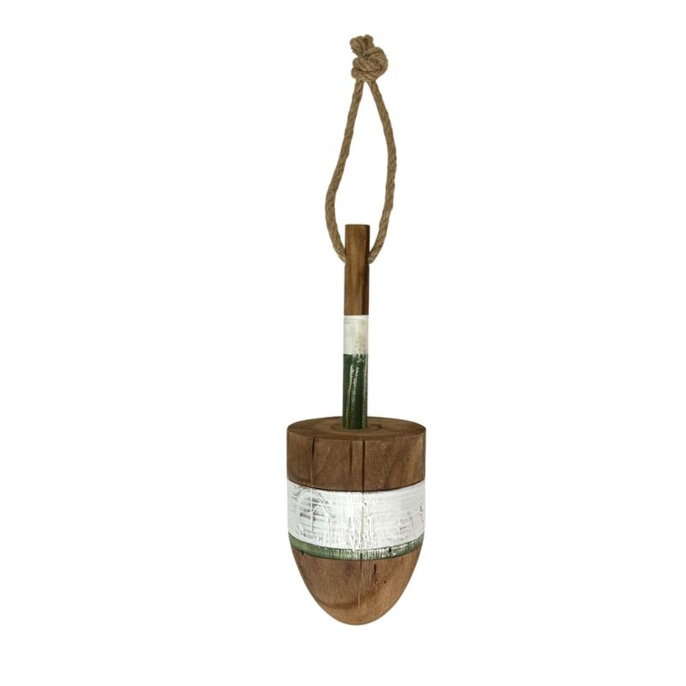 Nautical Wooden Hanging Buoy White Green Striped Rope Wall Decor 15 Inch